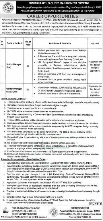 Punjab Health Facilities Management Company PHFMC Jobs last Date 31 May 2024